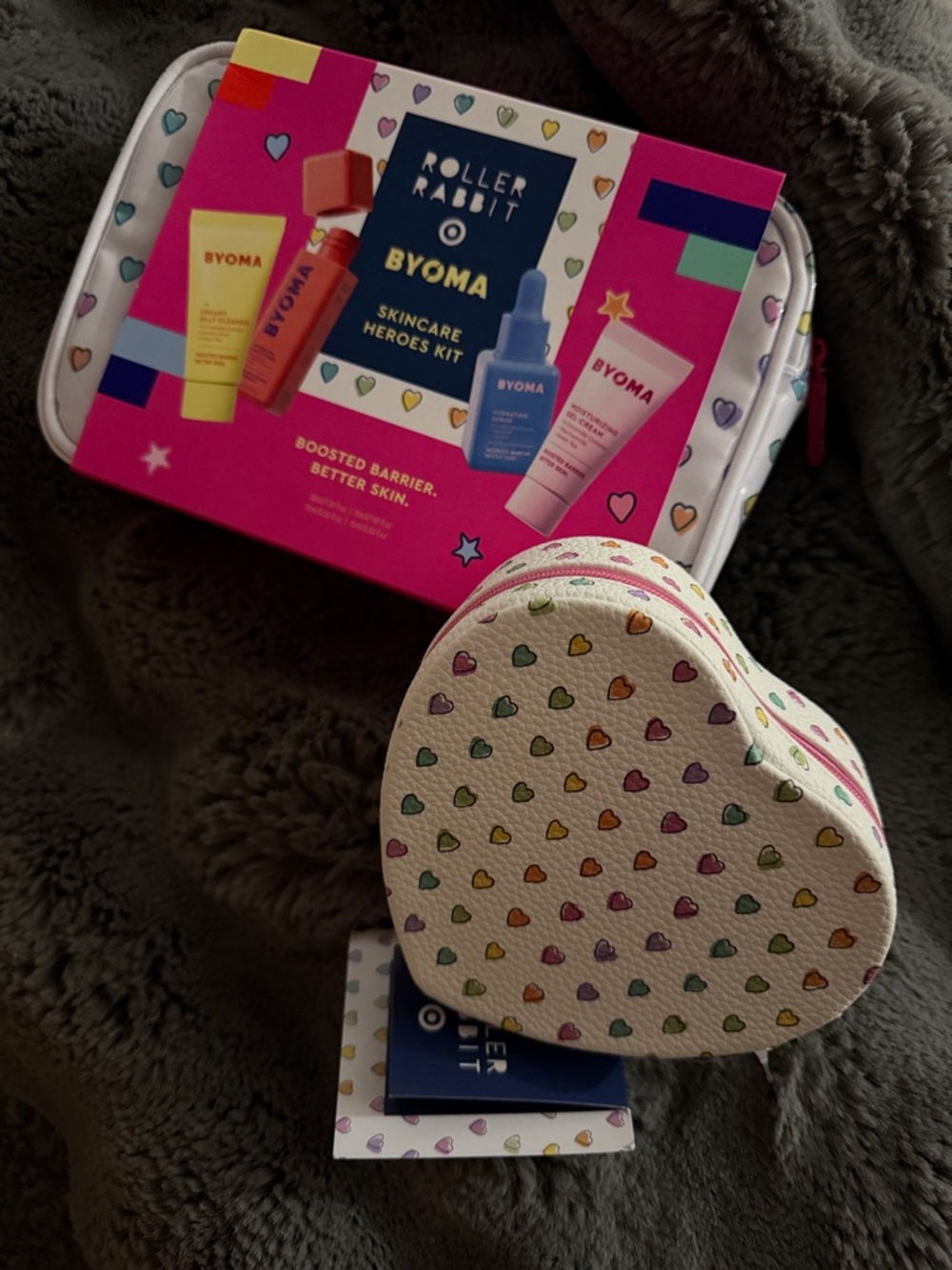 Roller Rabbit x Byoma Skincare Kit with Heart Makeup Case AND Heart jewelry case